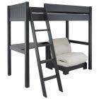 Fargo high sleeper loft bed with corner desk and fold out futon, in Painswick Blue.