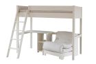 White wooden high sleeper with storage desk and fold out futon 