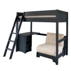 Kids' wooden high sleeper loft bed with fold out futon, desk and storage in Painswick Blue colour.