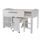 white mid sleeper cabin bed with desk and storage tucked in and underneath, on castors