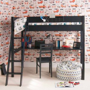 Fargo high sleeper loft bed with a full length desk running right underneath the top bunk. Also has a hook on shelf and chair, plus a bean bag.