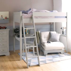 Fargo high sleeper bed, with futon chair, corner desk. Chest of drawers and vintage car theme bedroom