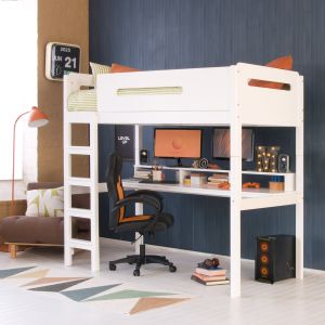 white modern hardwood gaming high sleeper loft bed with gaming hutch and accessories, in a blue panelled bedroom. Orange lamp and gaming chair.