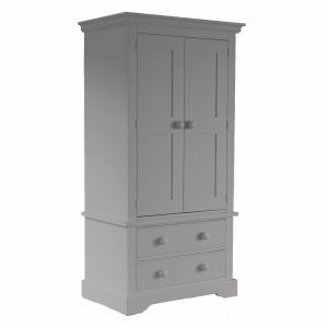 Freestanding large grey wardrobe for children with double doors and double drawers below.